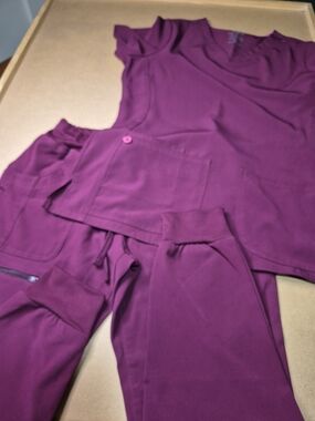 HeartSoul V-Neck Scrub Top and Jogger Pants in Deep Plum